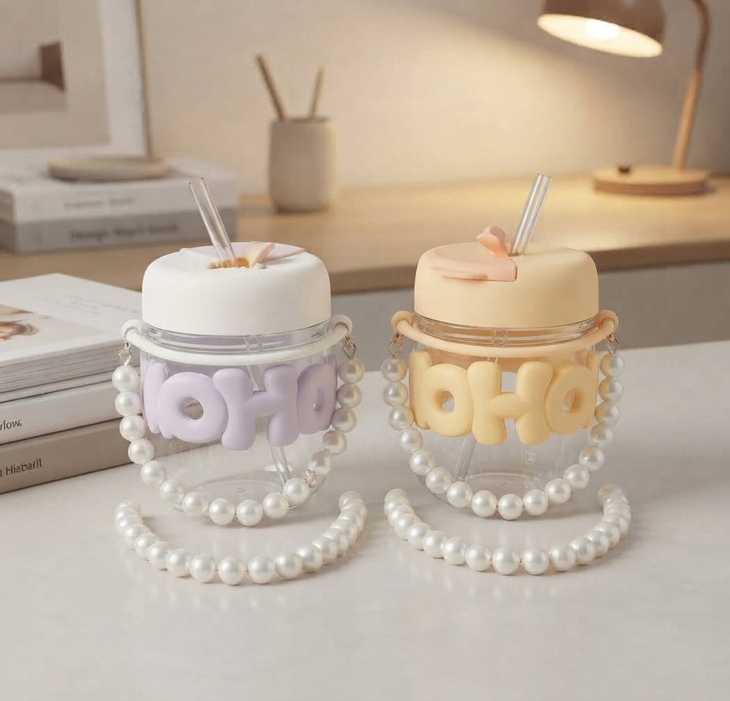 Cute & Aesthetic Pearl Chain Glass Tumbler with Straw