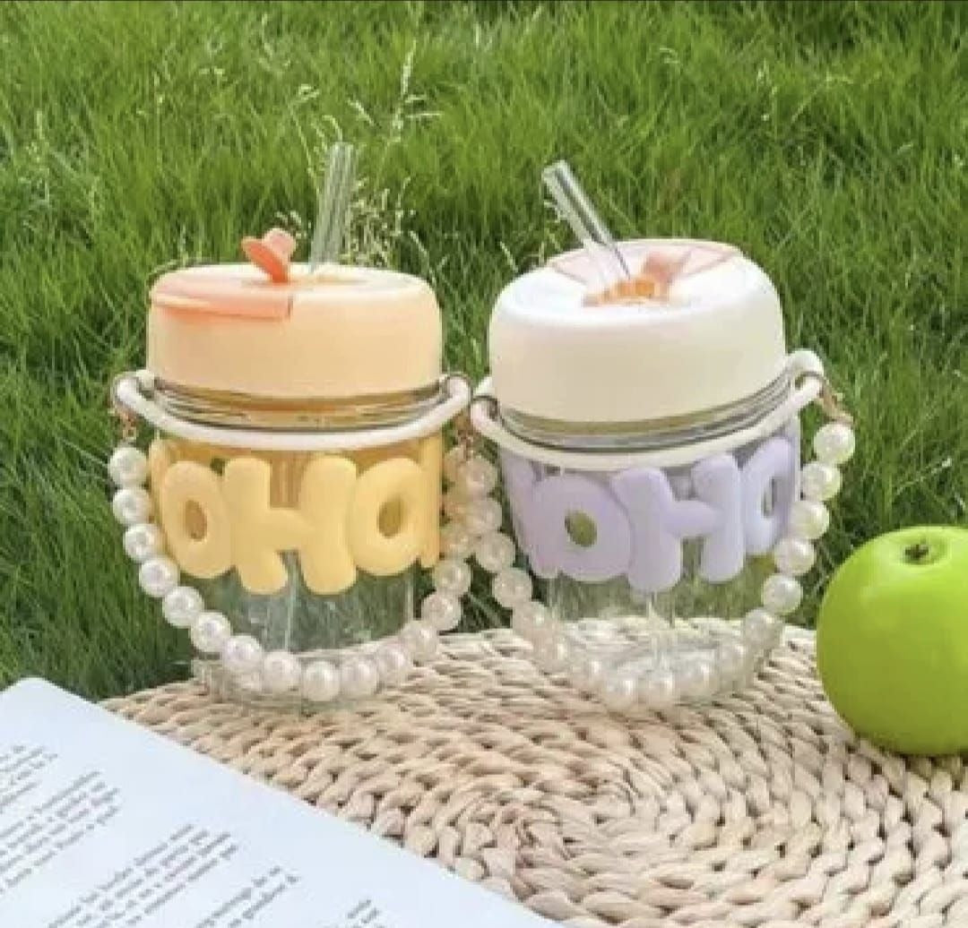 Cute & Aesthetic Pearl Chain Glass Tumbler with Straw